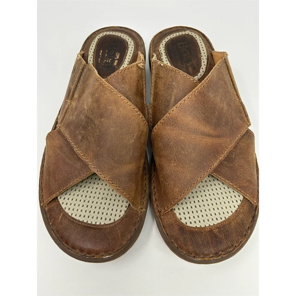 Born Men's Slide Sandals Brown Cross Strap Slip-On Comfort Casual Size 13